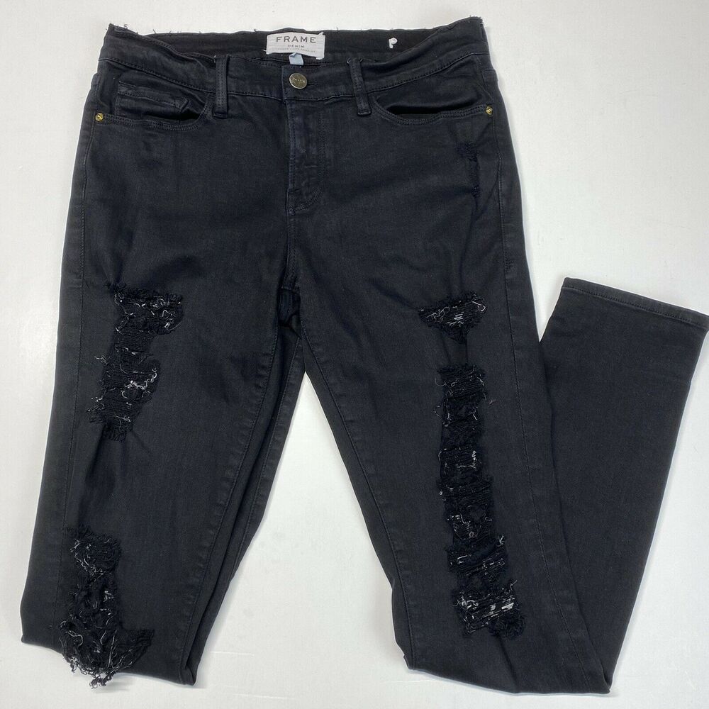 Frame Jeans 28 Le Skinny Midrise Stretch Denim Black Distress Holes Destroyed